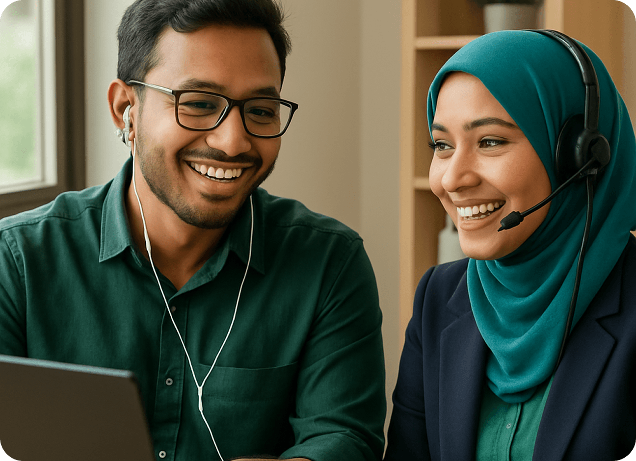 Two people smiling while looking at a laptop with headphones on